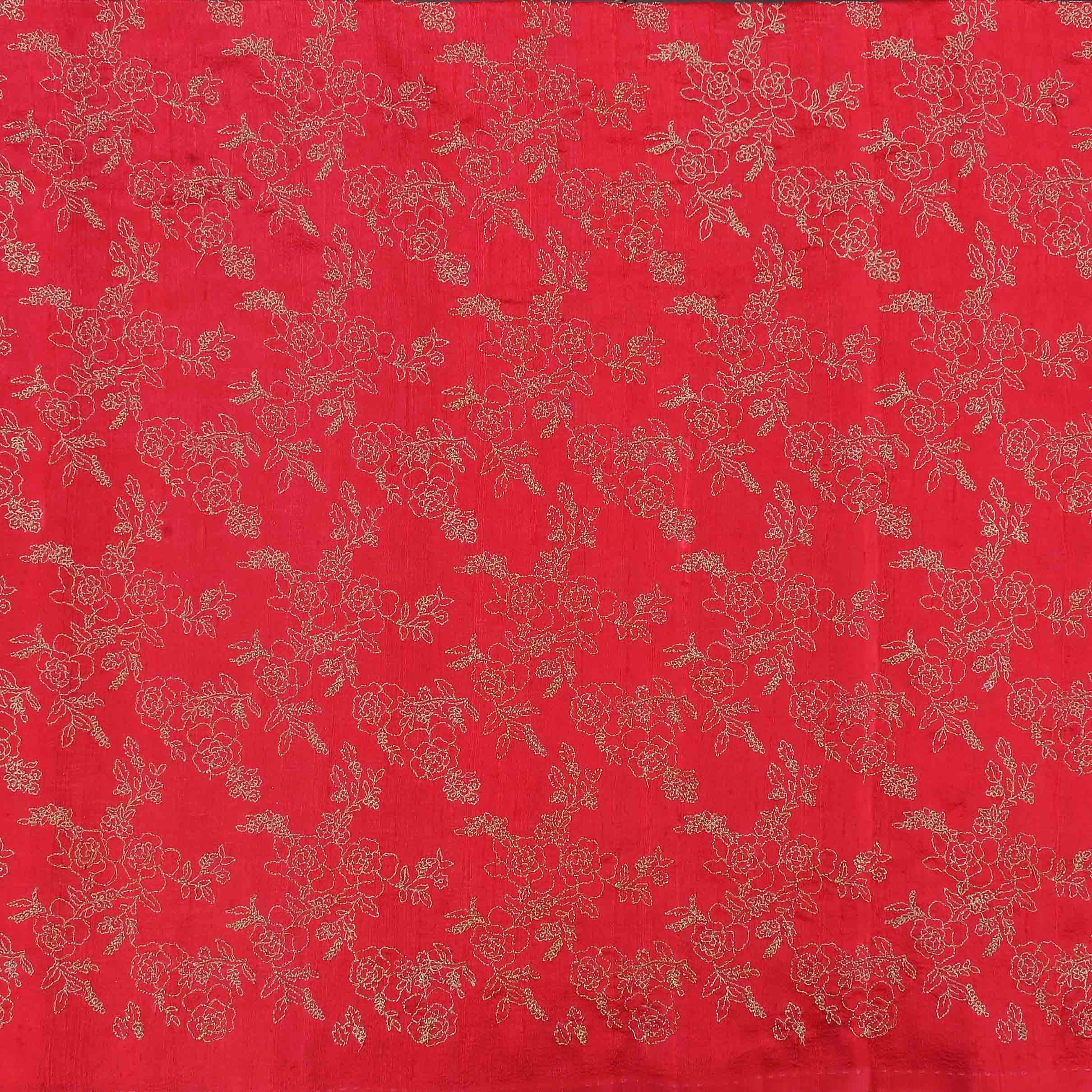 Imperial Red Raw Silk Embroidered Fabric