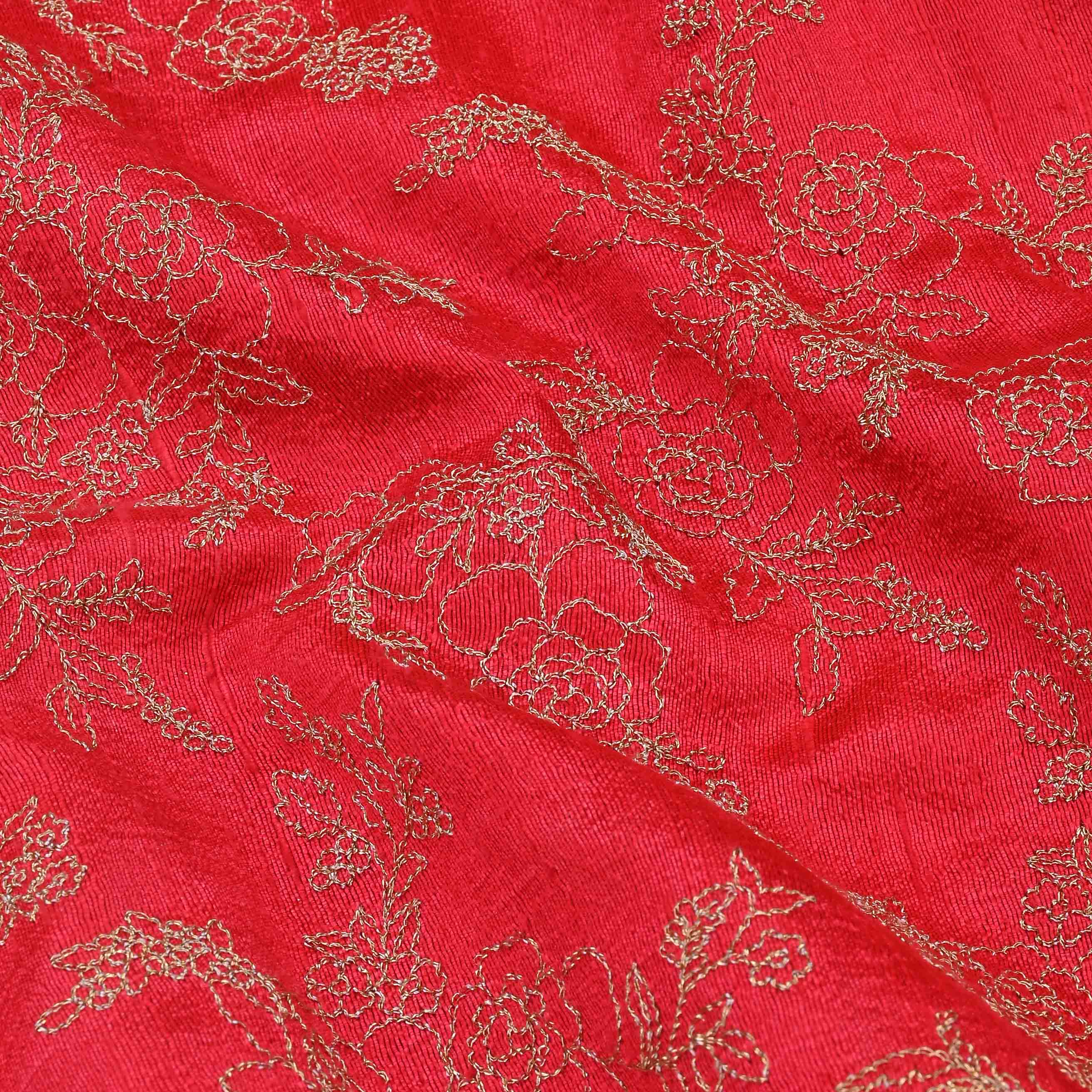 Imperial Red Raw Silk Embroidered Fabric