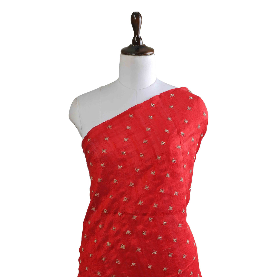 Crimson Red Raw Silk Embroidered Fabric