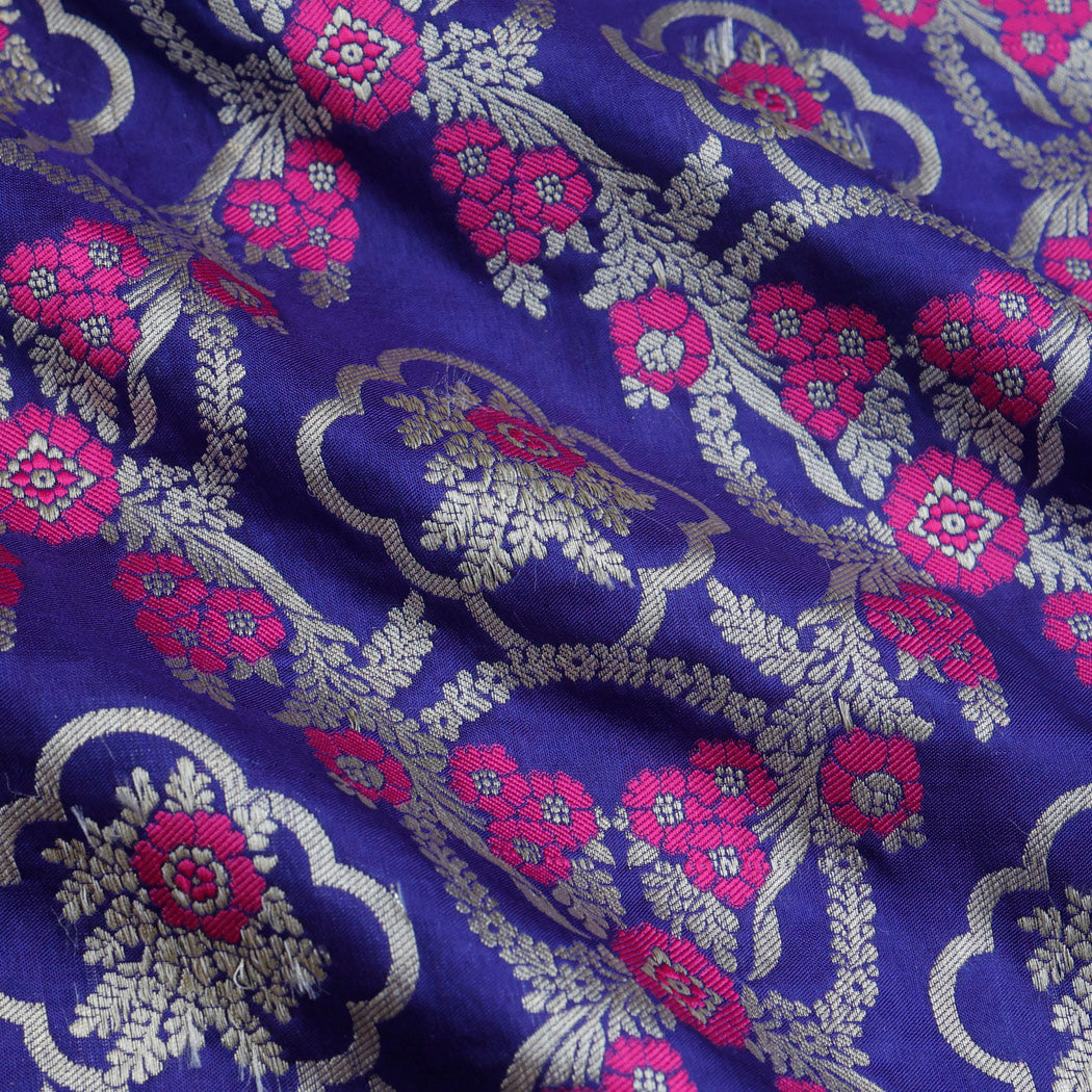 Bright Violet Color Silk Fabric With Floral Motif Pattern