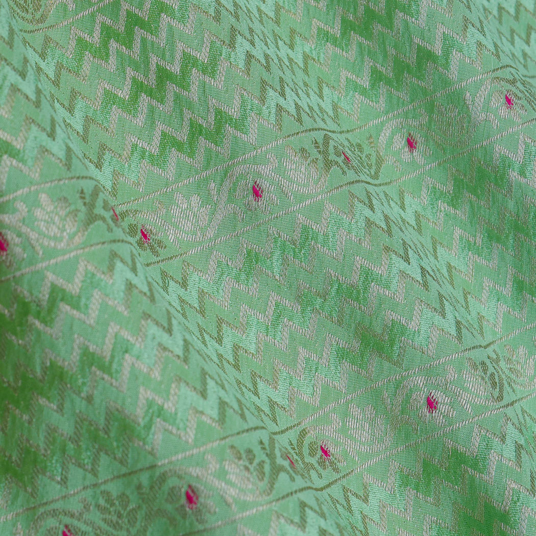 Pastel Green Color Silk Fabric With Zig Zag Pattern