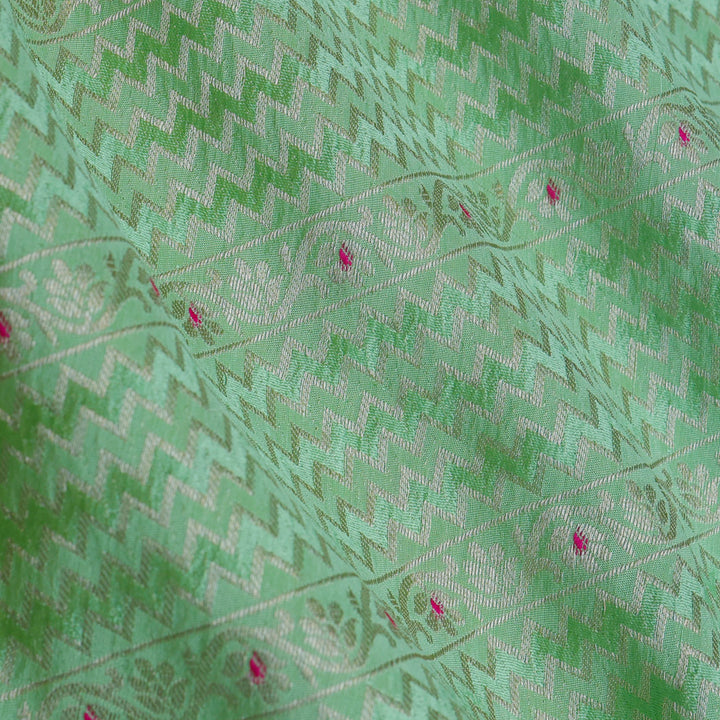 Pastel Green Color Silk Fabric With Zig Zag Pattern