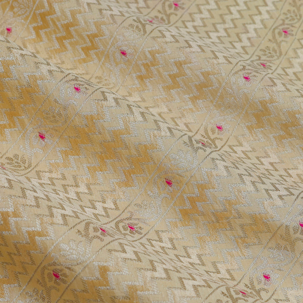 Pastel Yellow Color Silk Fabric With Zig Zag Pattern