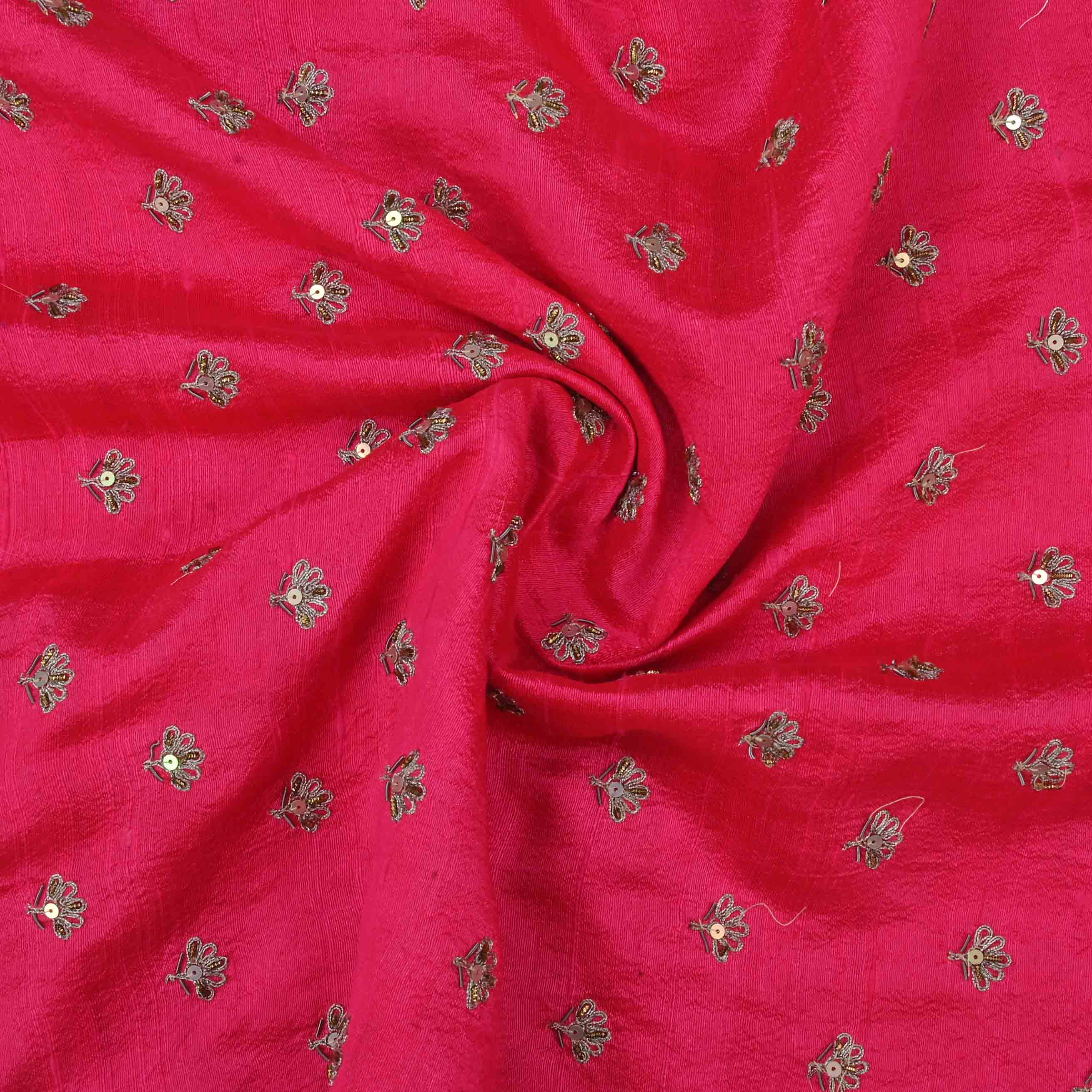 Neon Fuchsia Raw Silk Embroidered Fabric