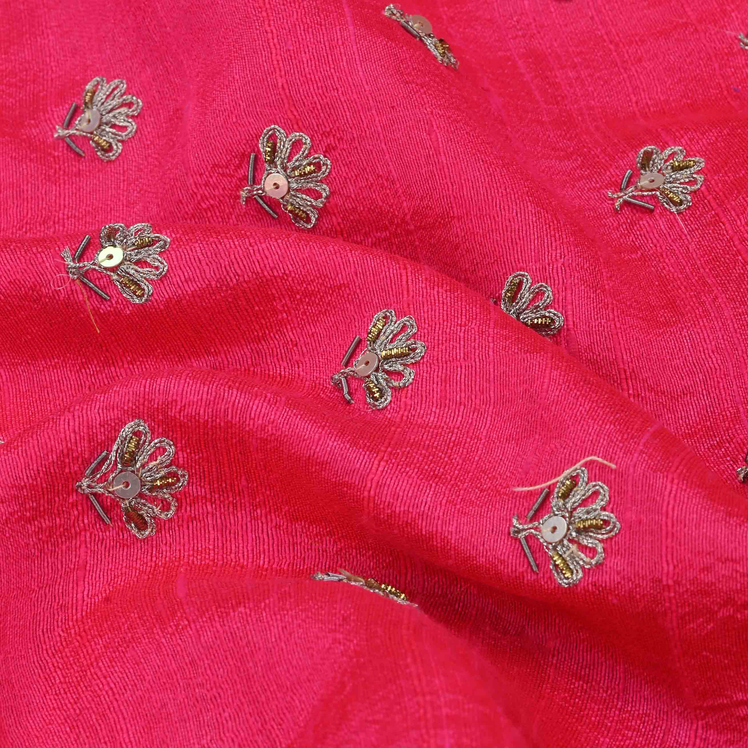 Neon Fuchsia Raw Silk Embroidered Fabric