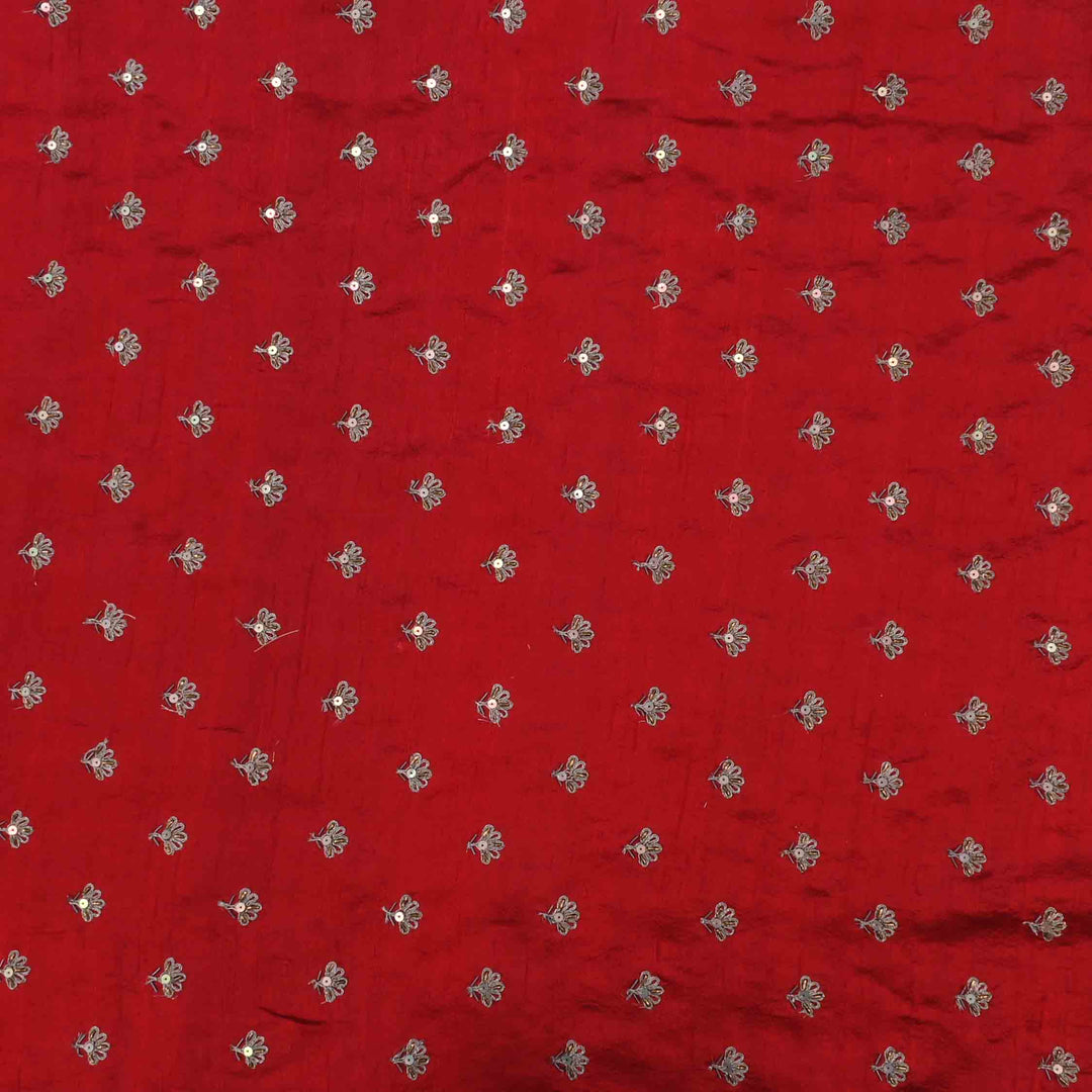 Carnian Red Raw Silk Embroidered Fabric