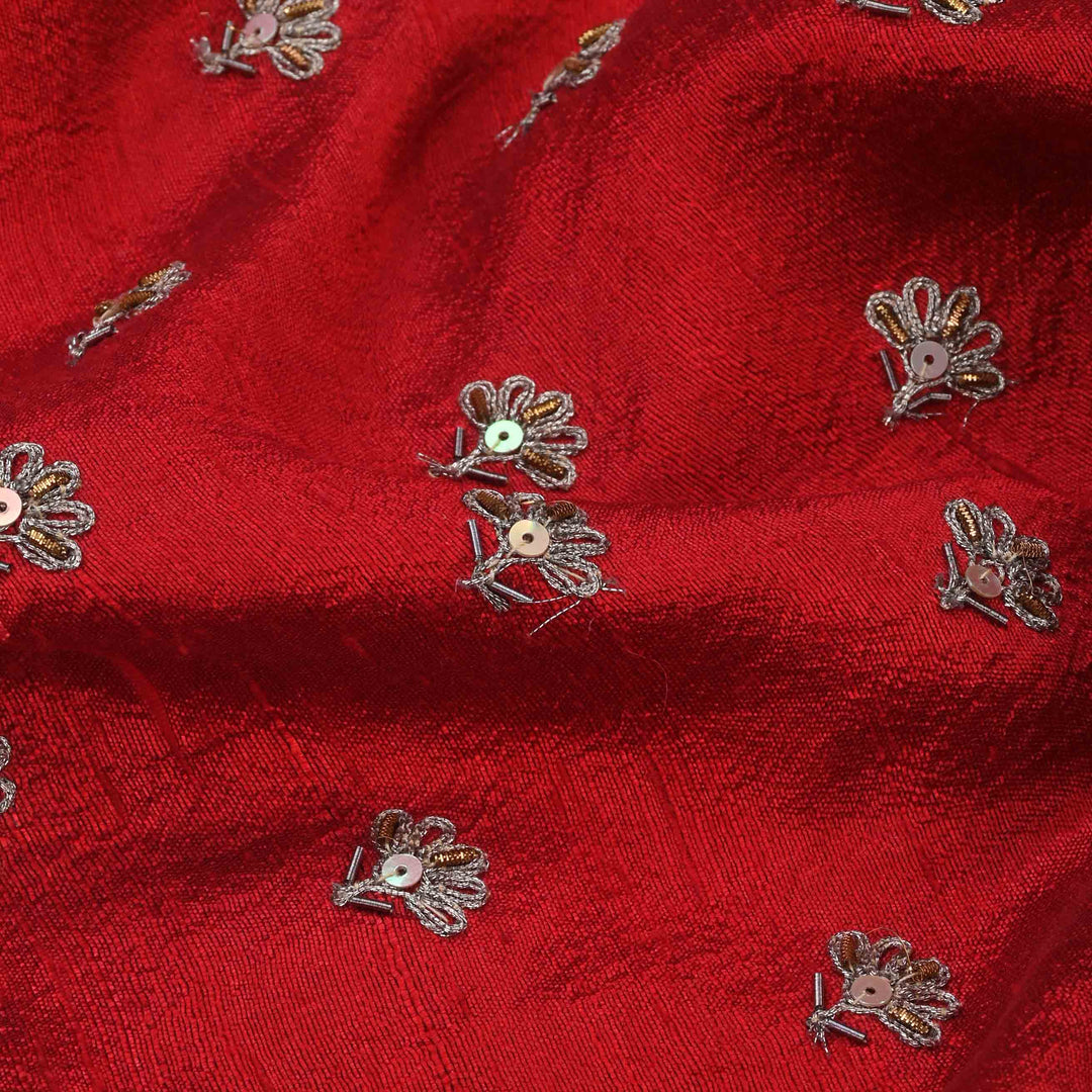 Carnian Red Raw Silk Embroidered Fabric