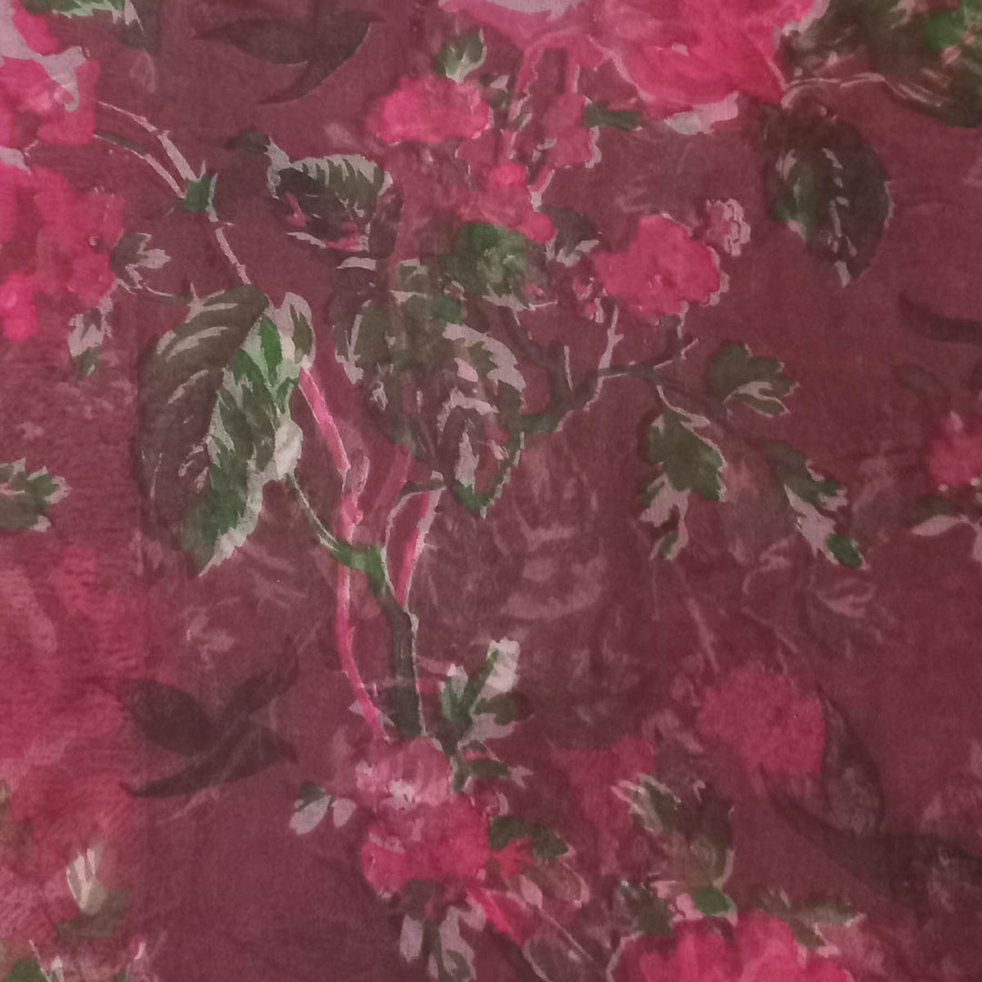 Brown Color Silk Fabric With Printed Floral Pattern