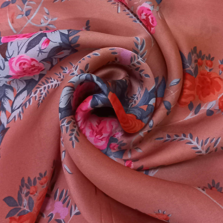 Coral Orange Color Silk Fabric With Printed Floral Motifs