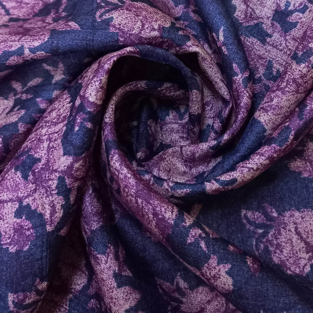 Dark Blue Color Silk Fabric With Printed Floral Motifs