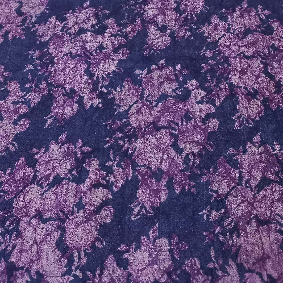 Dark Blue Color Silk Fabric With Printed Floral Motifs