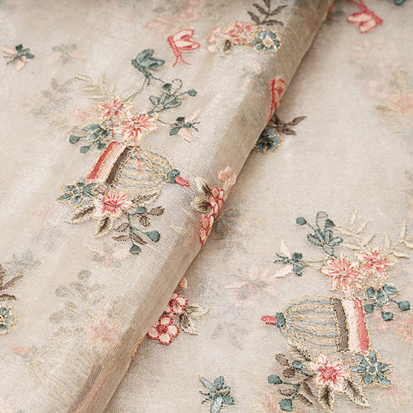 White Pointer Floral Motifs Embroidery Tissue Fabric