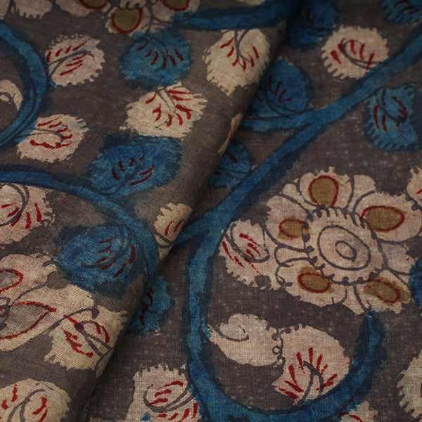 Cebar Brown Floral Jaal Hand Painted Kalamkari Handloom Fabric