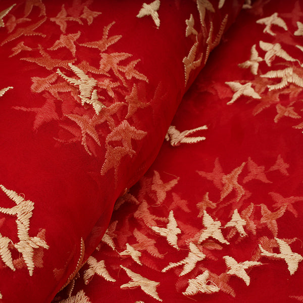 Carmine Red Brid Motifs Embroidery Organza Fabric