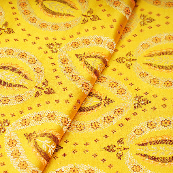 Sunglow Yellow Banarasi Ektara Silk Handloom Fabric With Floral Jaal Design