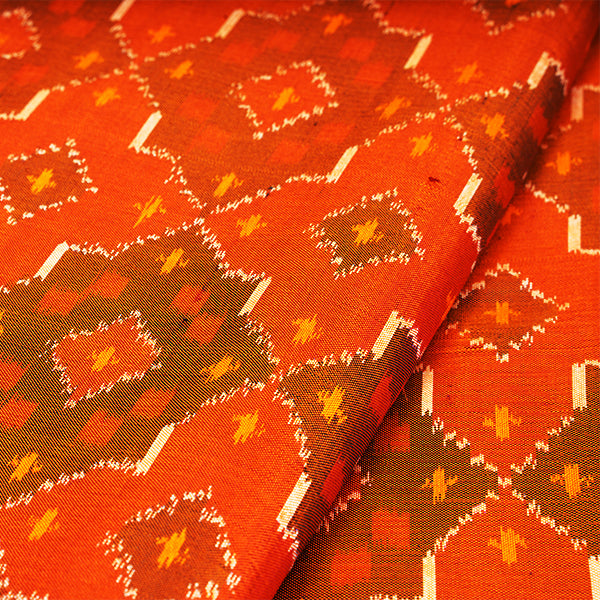 Persimmon Ikat Silk Geometric Pattern Handloom Fabric