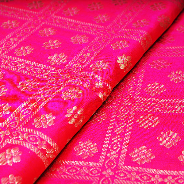 Deep Pink Kanjivaram Silk Handloom Fabric With Floral Motifs