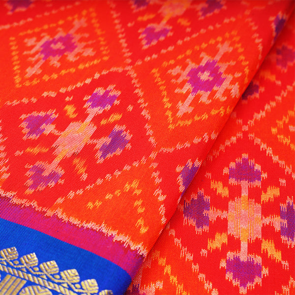 Coco- Cola Red Ikat Silk Handloom Fabric With Kanchi Border