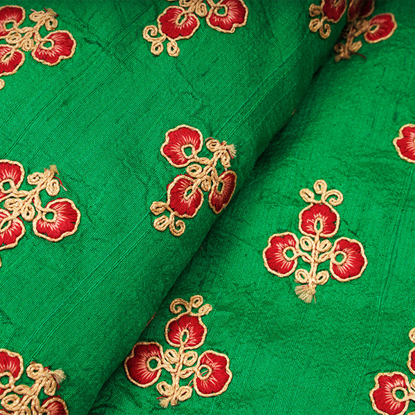 Dark Spring Green Rawsilk Floral Motifs Thread Embroidered Fabric