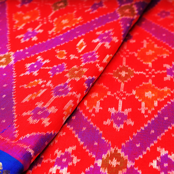 Torch Red Ikat Silk Handloom Fabric With Kanjivaram Border