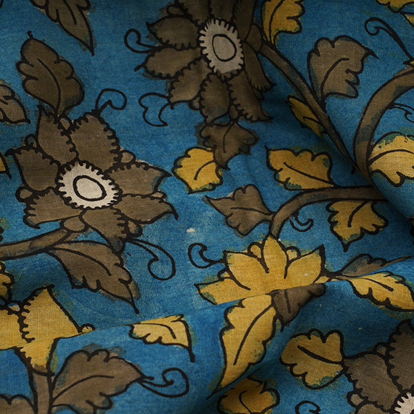 Pearl Gentian Blue Floral Jaal Hand Painted Kalamkari Handloom Fabric
