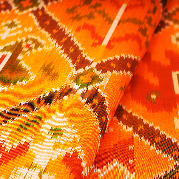 Dark Orange Ikat Silk Geometric Pattern Handloom Fabric