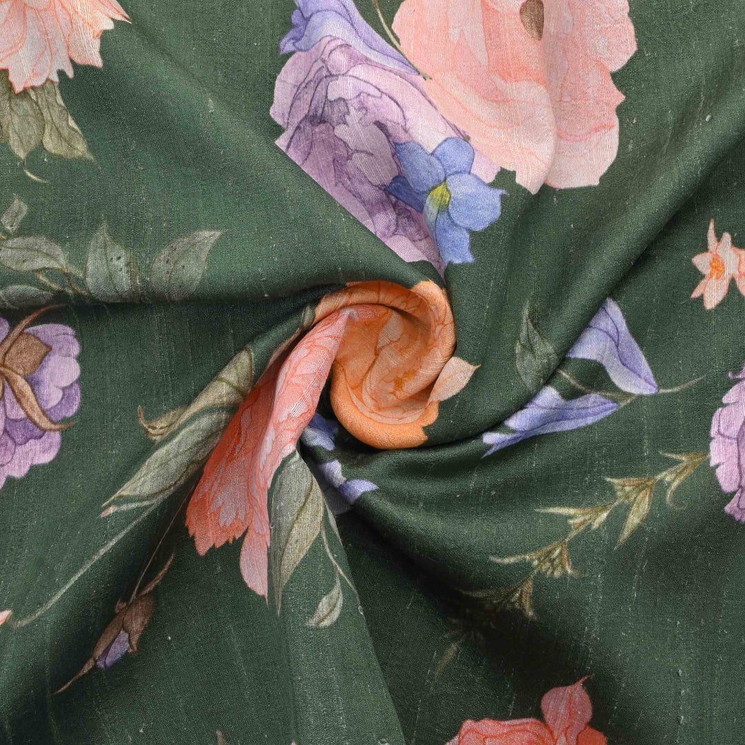 Green Floral Printed Rawsilk Fabric