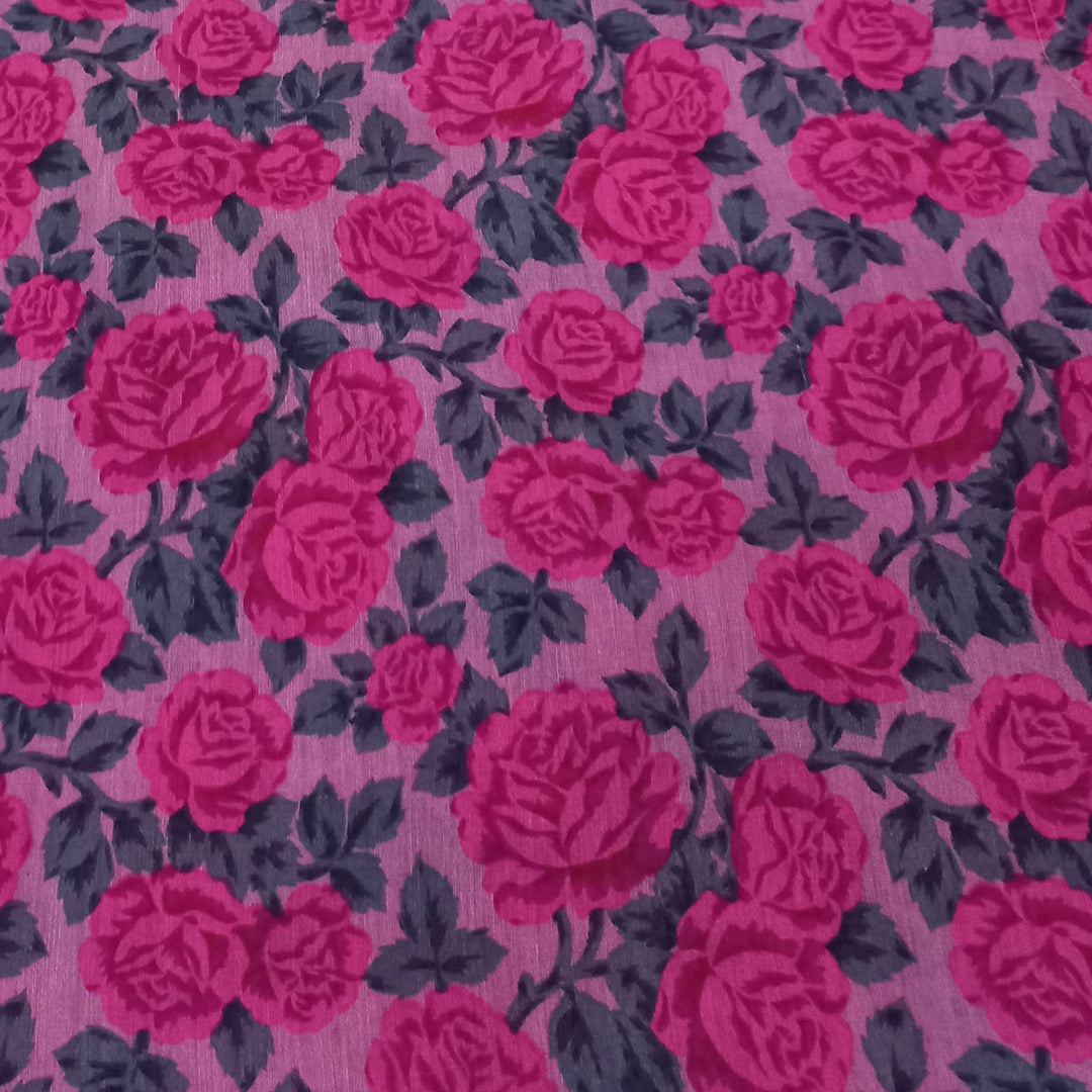 Flamingo Pink Color Silk Fabric With Printed Floral Motifs
