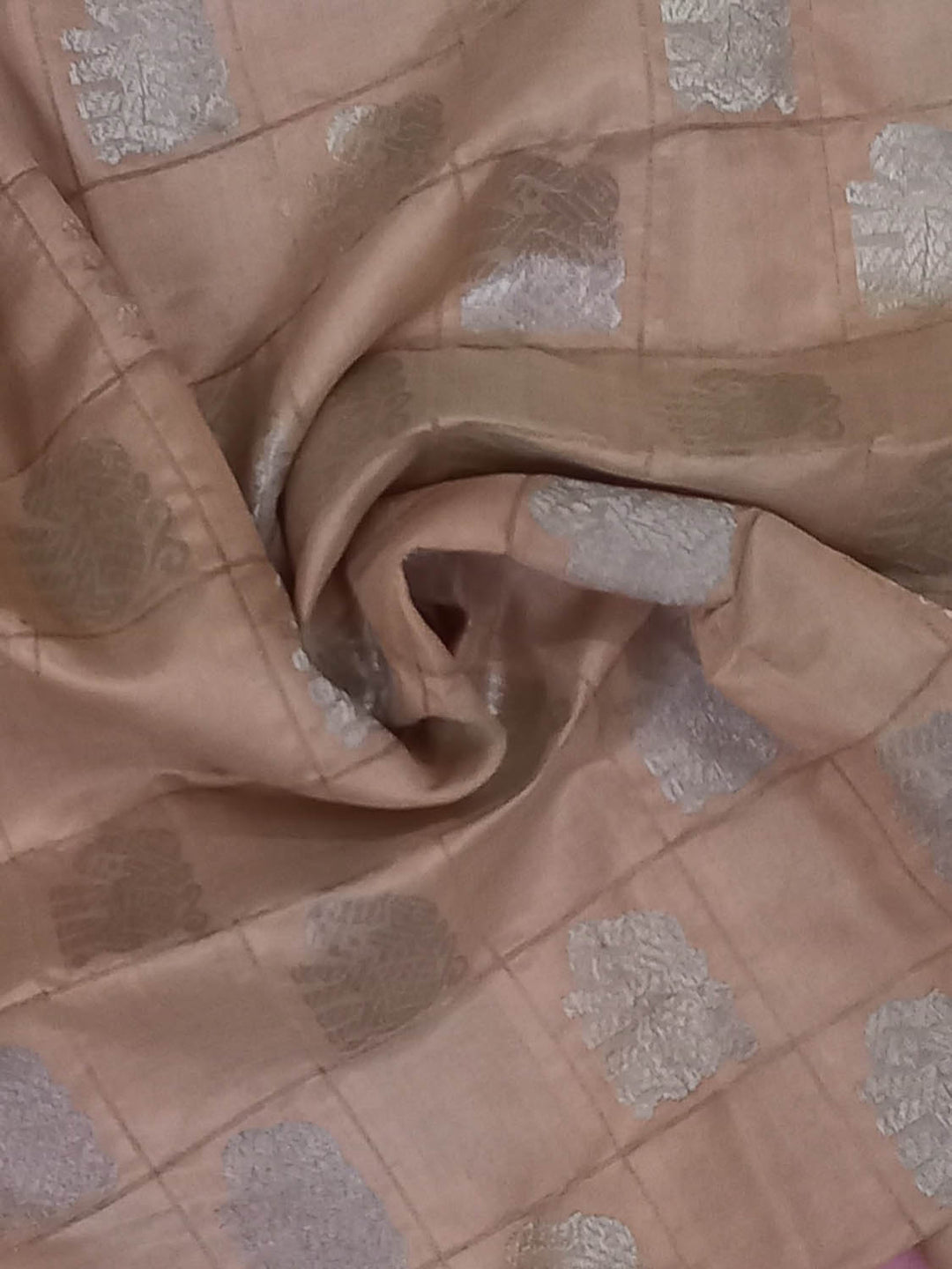 Pastel Copper Color Silk Fabric With Elephant Motifs In Checks Pattern