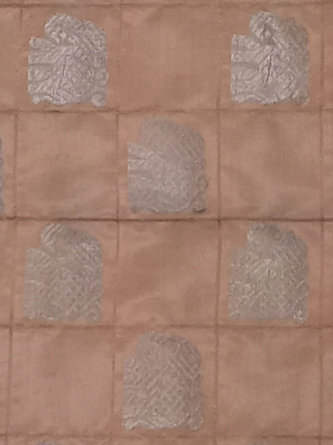 Pastel Copper Color Silk Fabric With Elephant Motifs In Checks Pattern