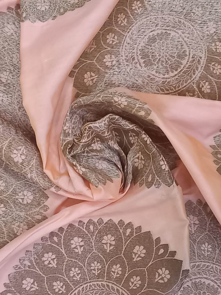 Pastel Pink Color Silk Fabric With Floral Chakra Motifs