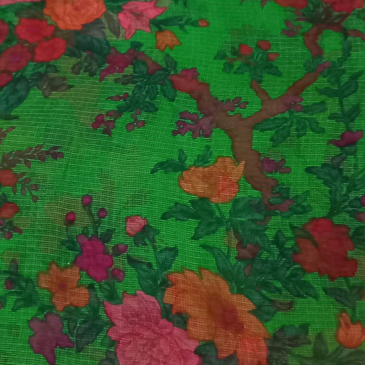 Light Green Color Silk Fabric With Printed Floral Motifs
