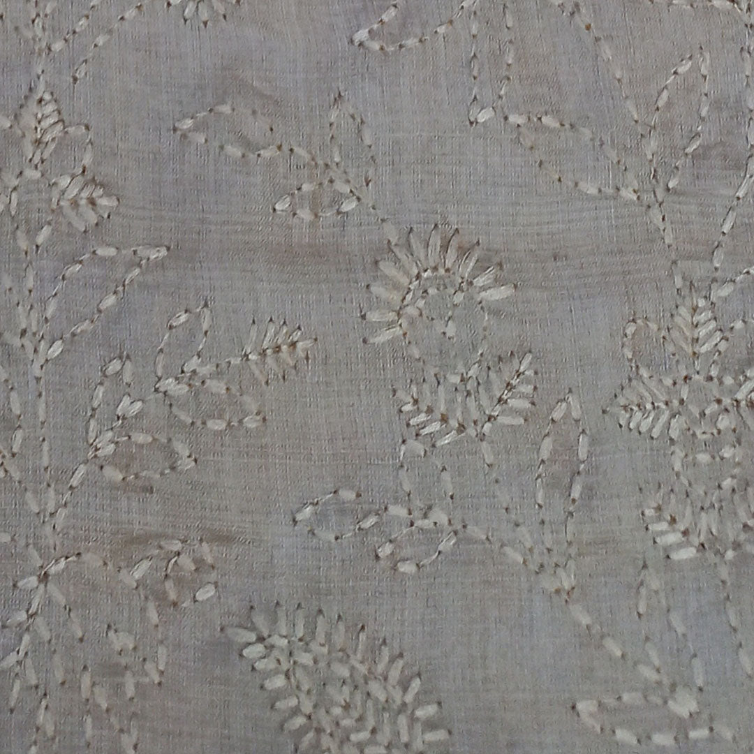 Pastel Grey Color Silk Fabric With Floral Embroidery