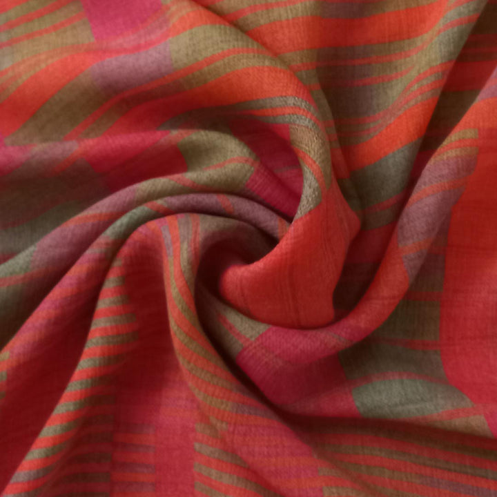 Multicolor Orange Color Silk Fabric With Stripes Pattern