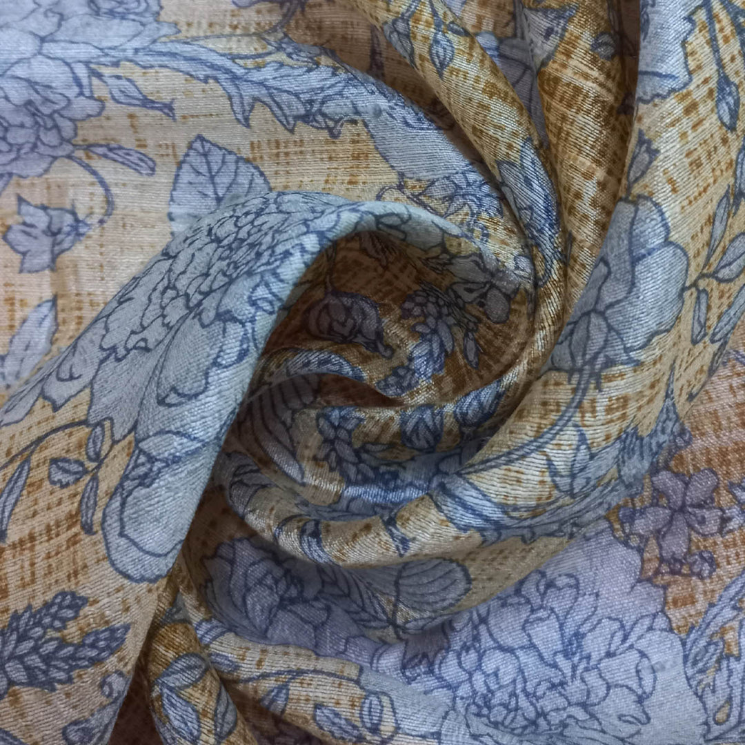 Earthy Yellow Color Silk Fabric With Floral Pattern