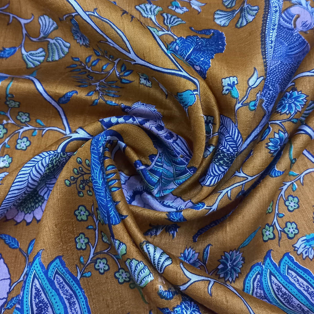 Mustard Yellow Color Silk Fabric With Floral Pattern