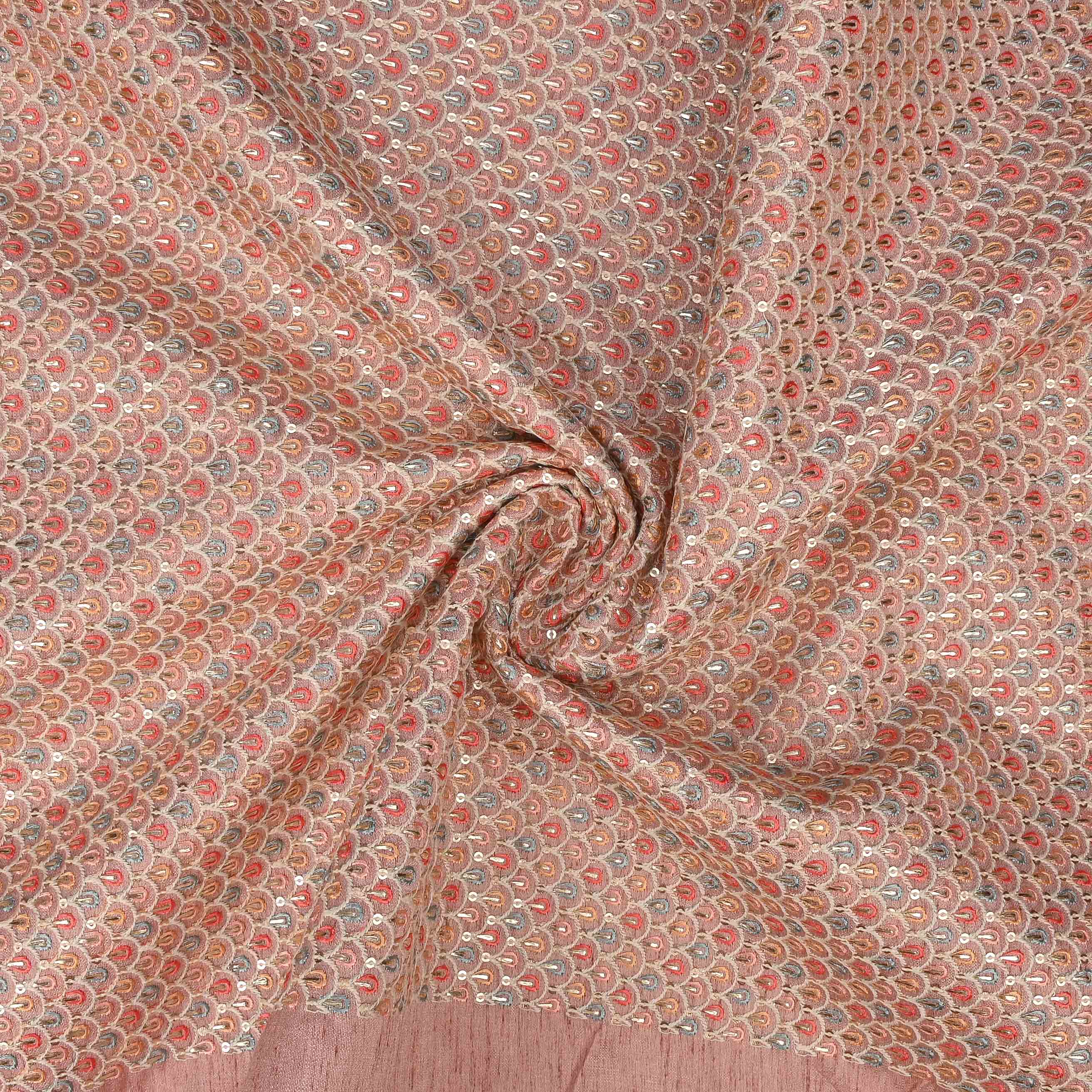 Salmon Pink Raw Silk Embroidered Fabric