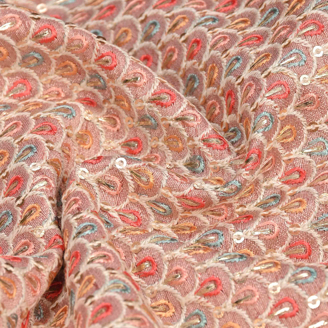 Salmon Pink Raw Silk Embroidered Fabric