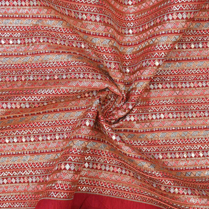 Imperial Red Raw Silk Embroidered Fabric