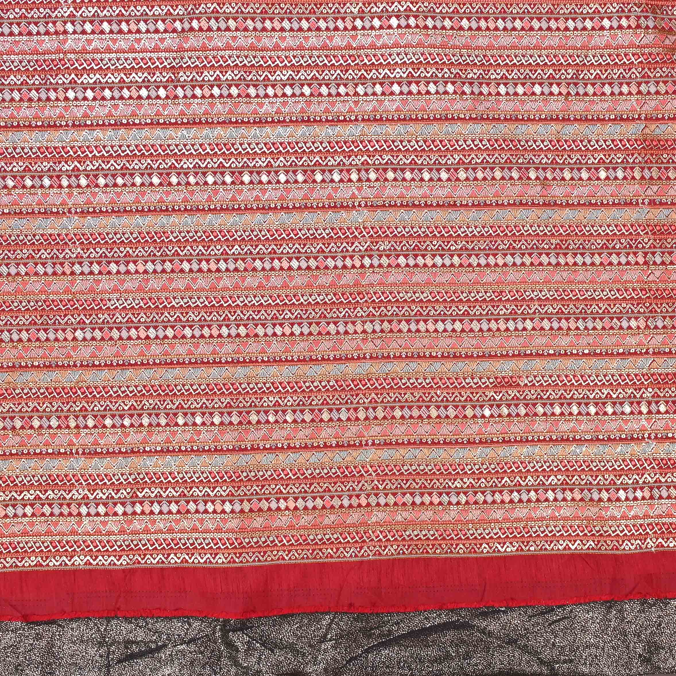 Imperial Red Raw Silk Embroidered Fabric