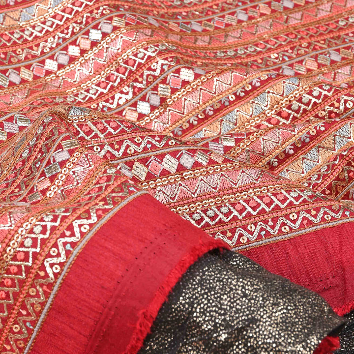 Imperial Red Raw Silk Embroidered Fabric