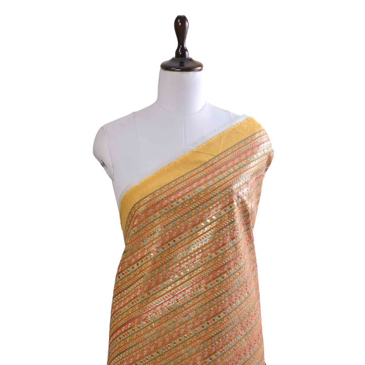 Buff Yellow Raw Silk Embroidered Fabric