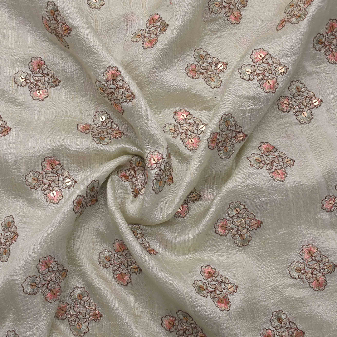 Cream White Dupion Embroidered Fabric
