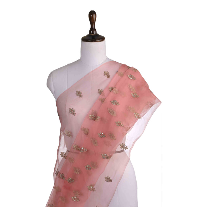 Strawberry Pink Organza Embroidered Fabric