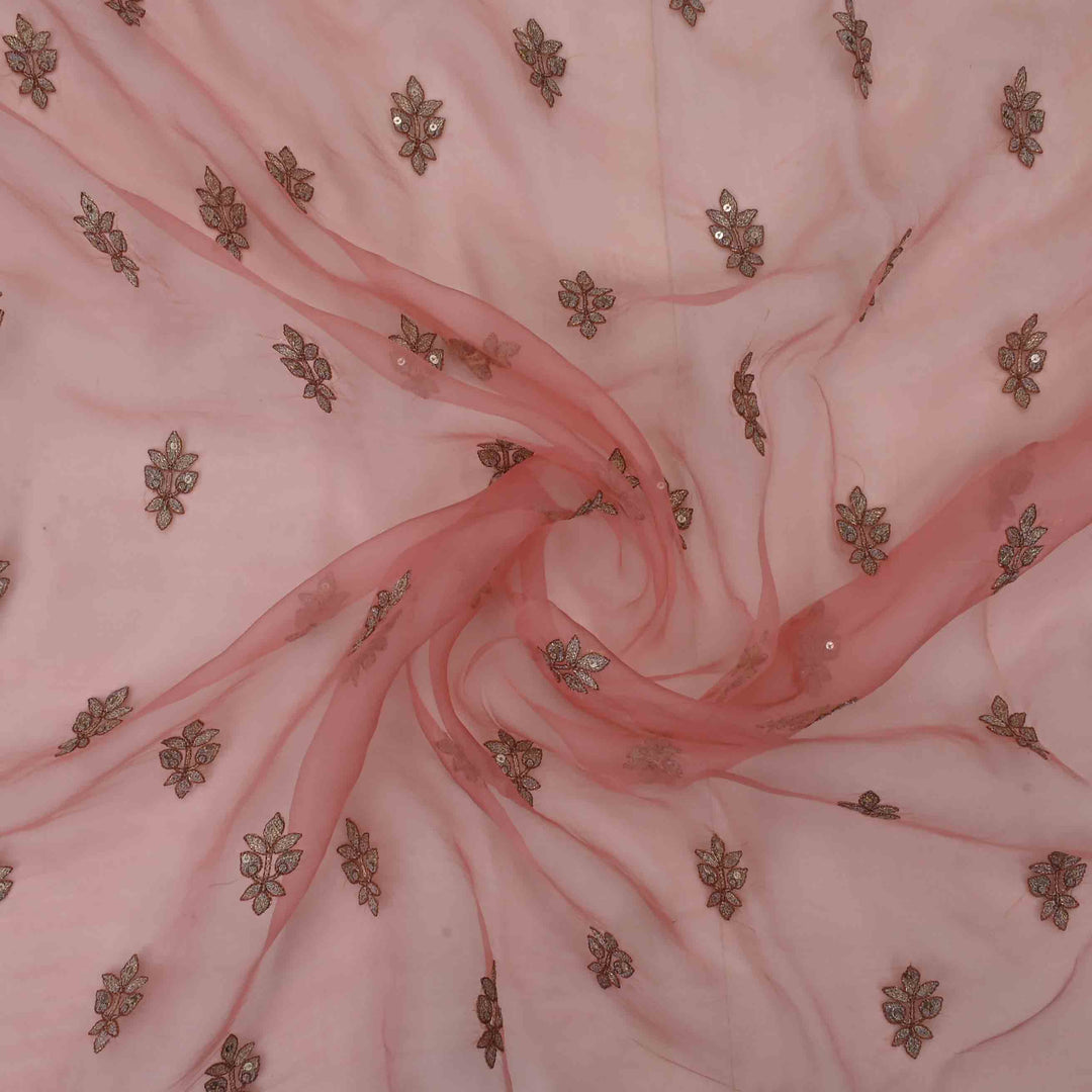 Strawberry Pink Organza Embroidered Fabric