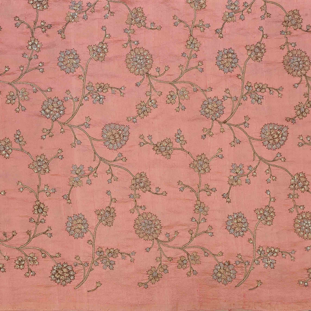 Salmon Pink Raw Silk Embroidered Fabric