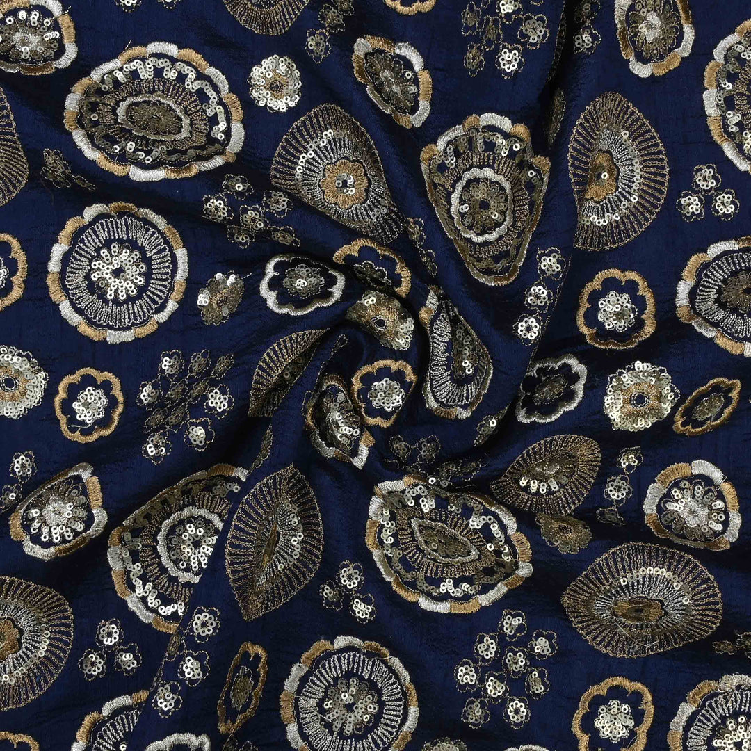 Delft Blue Raw Silk Embroidered Fabric