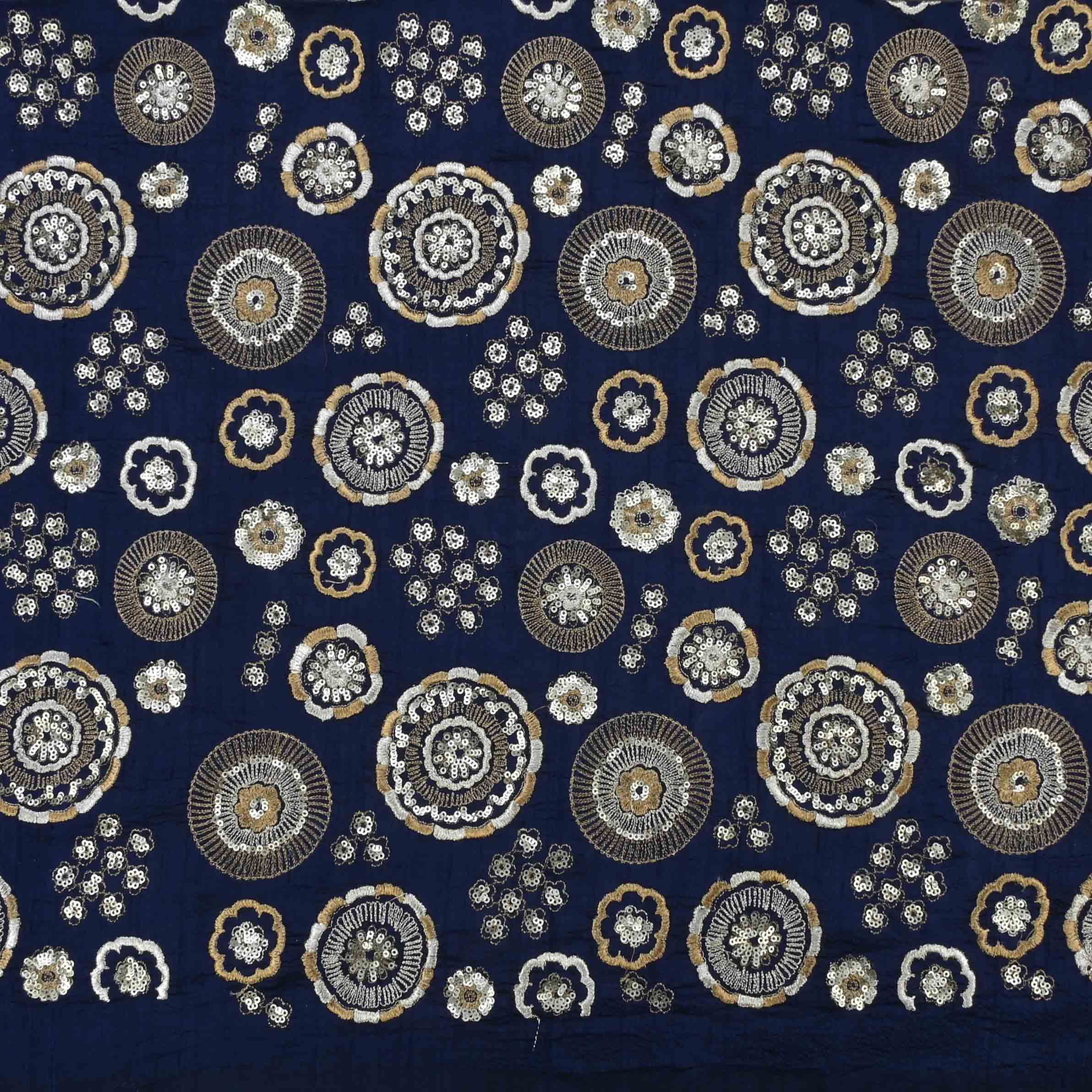 Delft Blue Raw Silk Embroidered Fabric