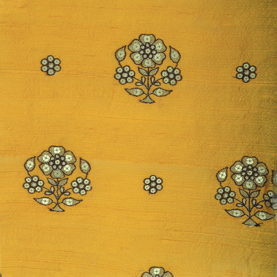 Aesthetic Yellow Dupioni Floral Embroidery Fabric