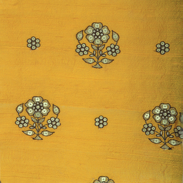 Aesthetic Yellow Dupioni Floral Embroidery Fabric